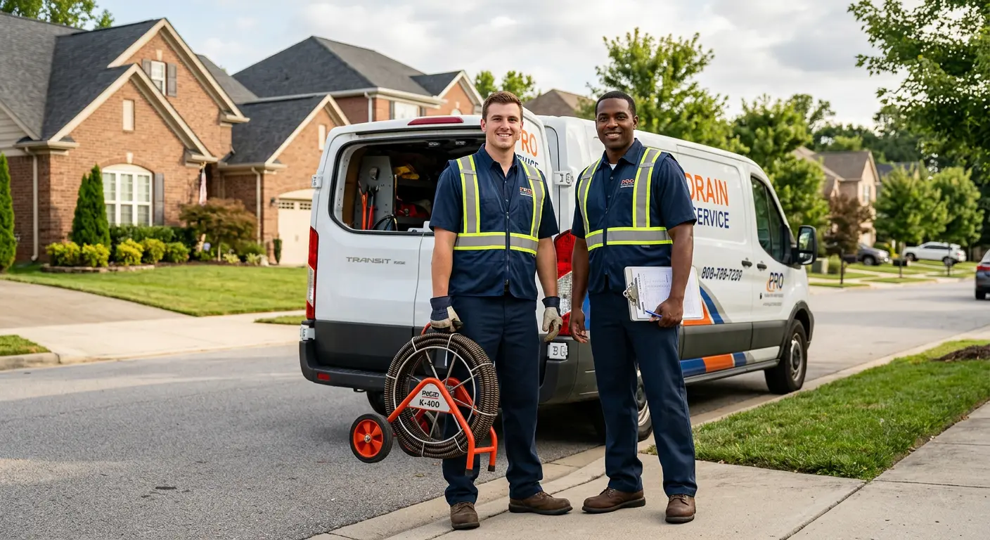 Sewer and drain service team with equipment ready for work in Meadowbrook