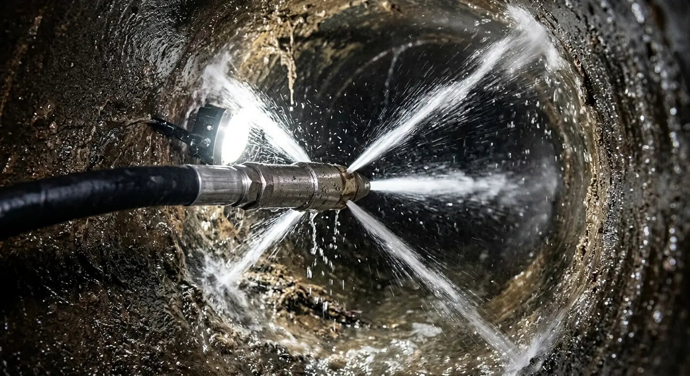 High-pressure hydro jetting nozzle cleaning sewer pipe for Emergency Drain Service in Meadowbrook