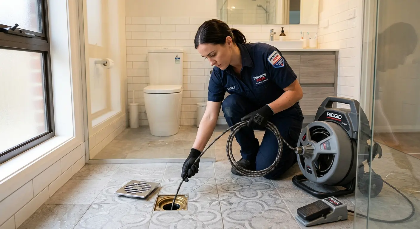 Technician clearing a bathroom floor drain for Sewer Line Installation in Meadowbrook